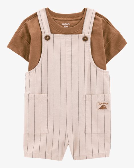 Product image 1 of Baby 2-Piece Short-Sleeve Tee & Striped Shortall Set - Brown