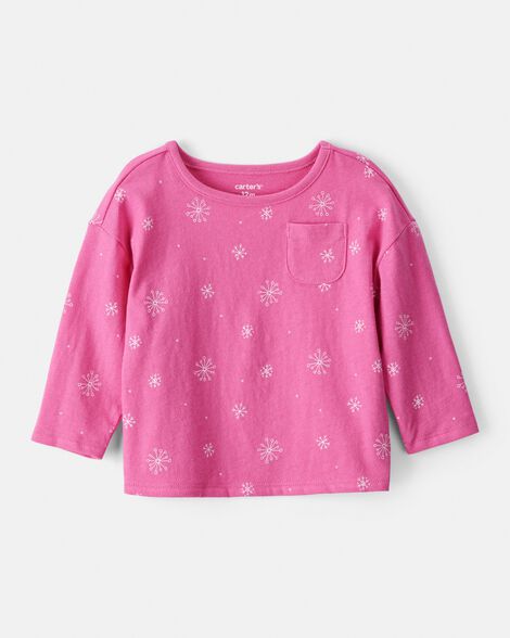 baby girl snowflake print long-sleeve pocket tee - pink