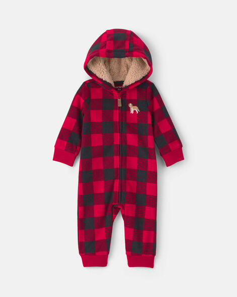 baby boy buffalo check fleece long-sleeve jumpsuit - red/black