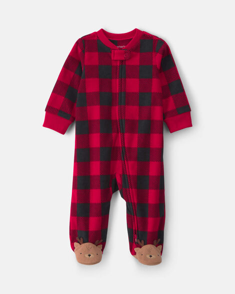baby buffalo check fleece 2-way zip sleep & play pajamas - red/black