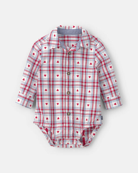 Baby Boy Heart Plaid Valentine's Day Long-Sleeve Fashion Bodysuit - White/Blue/Red