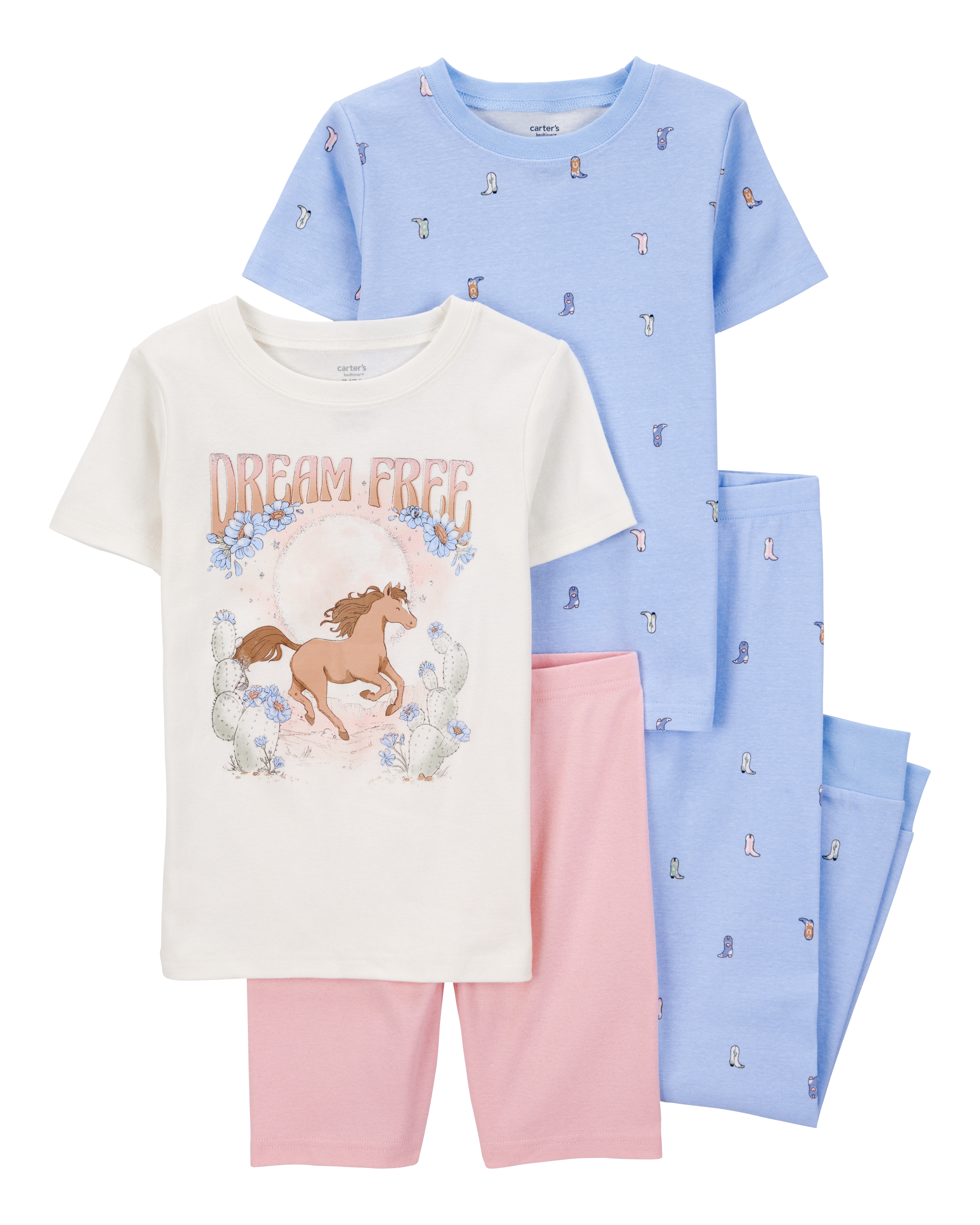 Girls 4-Piece Horse 100% Snug Fit Cotton Pajamas - Pink/Blue