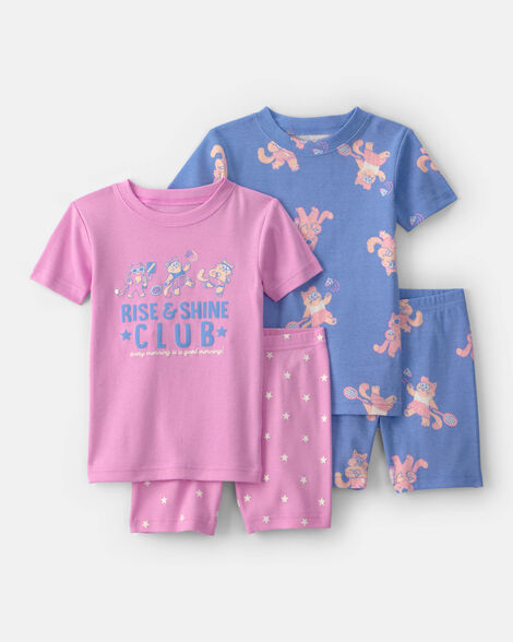 toddler girl cat 100% cotton short-sleeve snug fit 4-piece pajama set - purple/blue