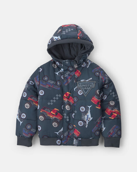 boys monster jam hooded puffer jacket - navy