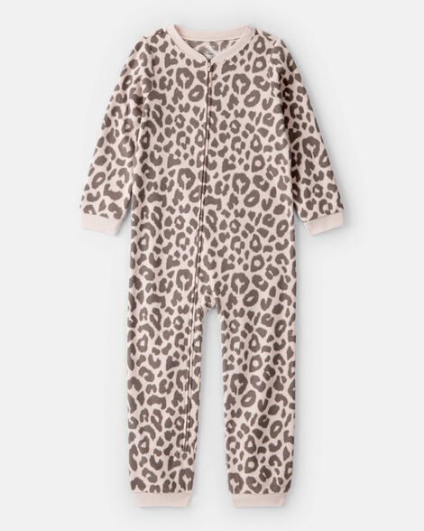 girls leopard fleece long-sleeve snug fit 1-piece pajamas - brown
