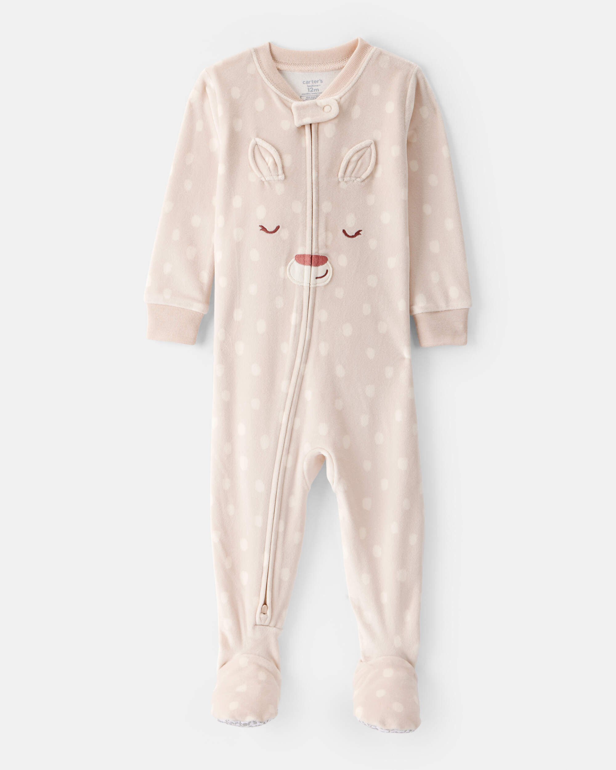 Toddler Girl Deer Print Snug Fit Long-Sleeve 2-Way Zip 1-Piece Pajamas - Brown