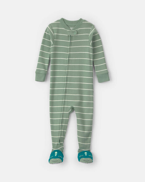 baby boy 1-piece dino striped 2-way zip 100% cotton snug fit footed pajama - green