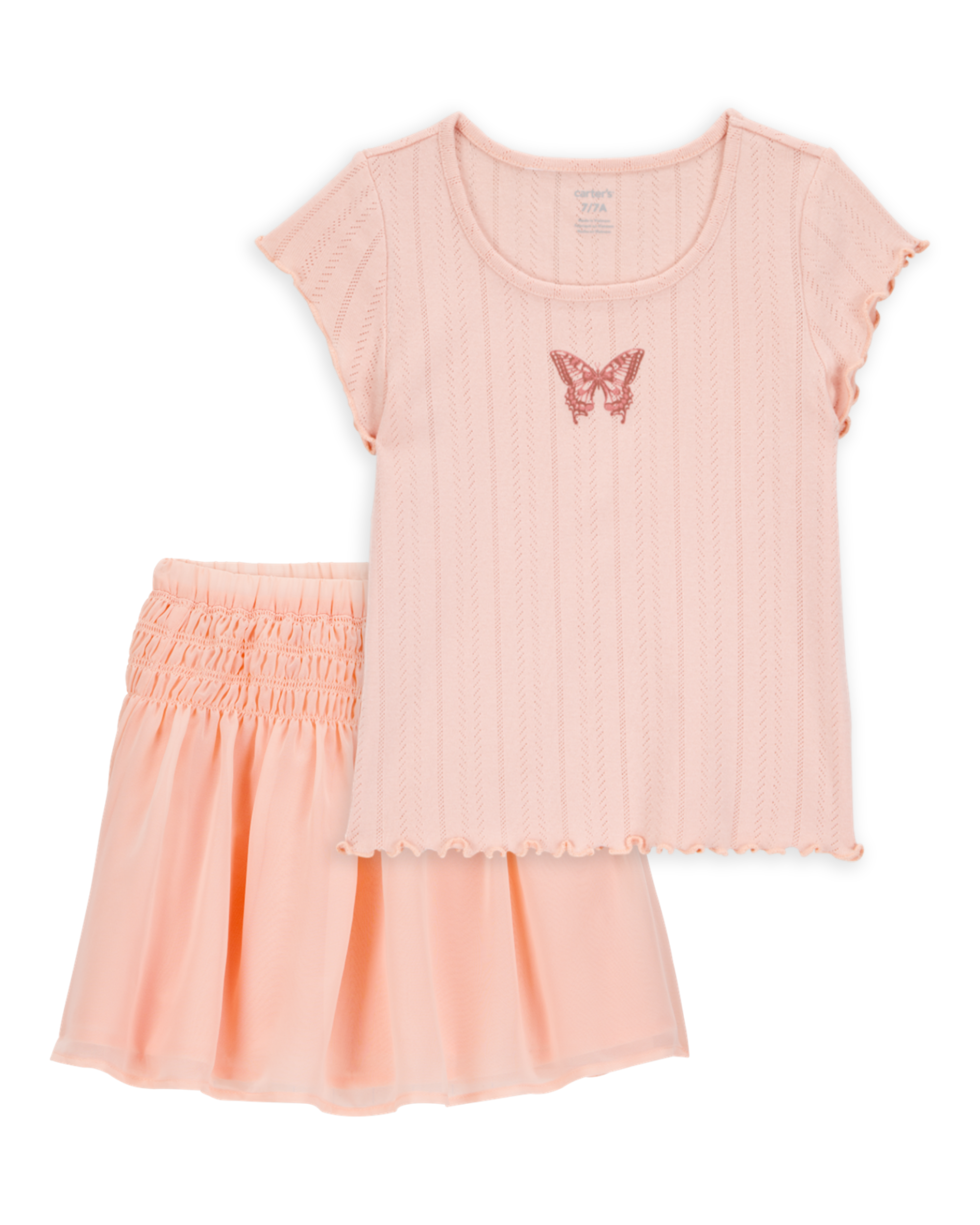 Kid 2-Piece Butterfly Pointelle Tee & Chiffon Skirt Set - Pink