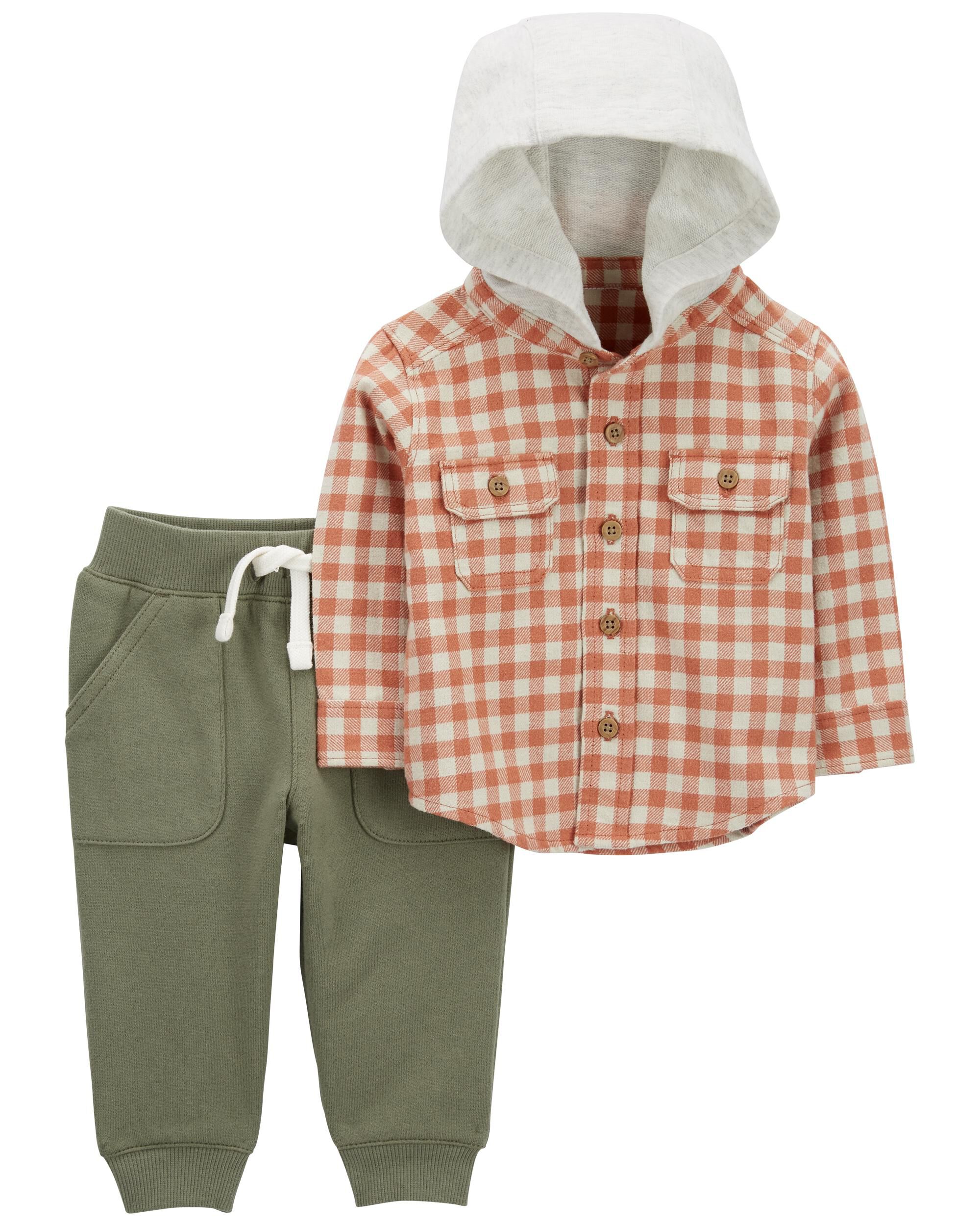 Carter's Infant 2-Piece Blue Plaid Hooded Flannel Shirt & Joggers Pant Set NWT 