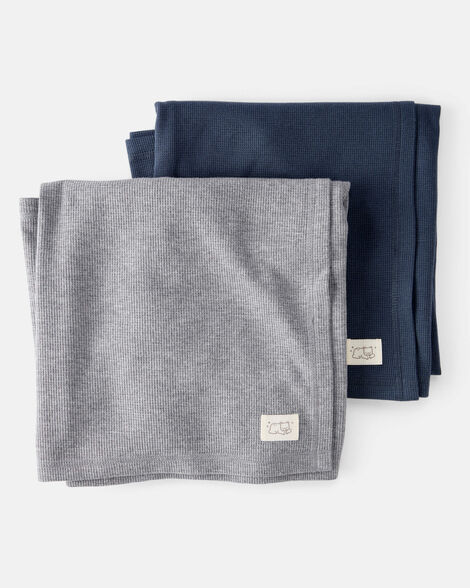 baby 2-pack waffle knit blankets - grey/navy
