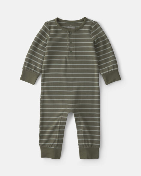 baby boy striped purelysoft™ long-sleeve jumpsuit - olive green