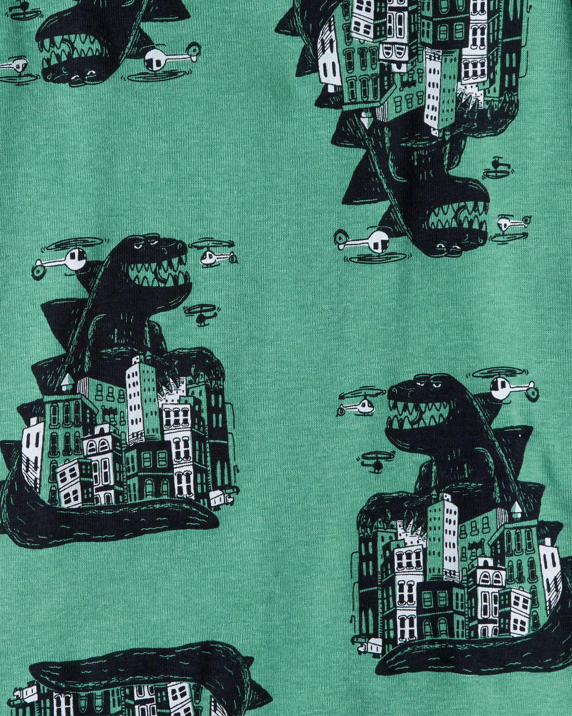 Boys Godzilla 100% Cotton  Loose Fit 4-Piece Pajamas - Black/Green