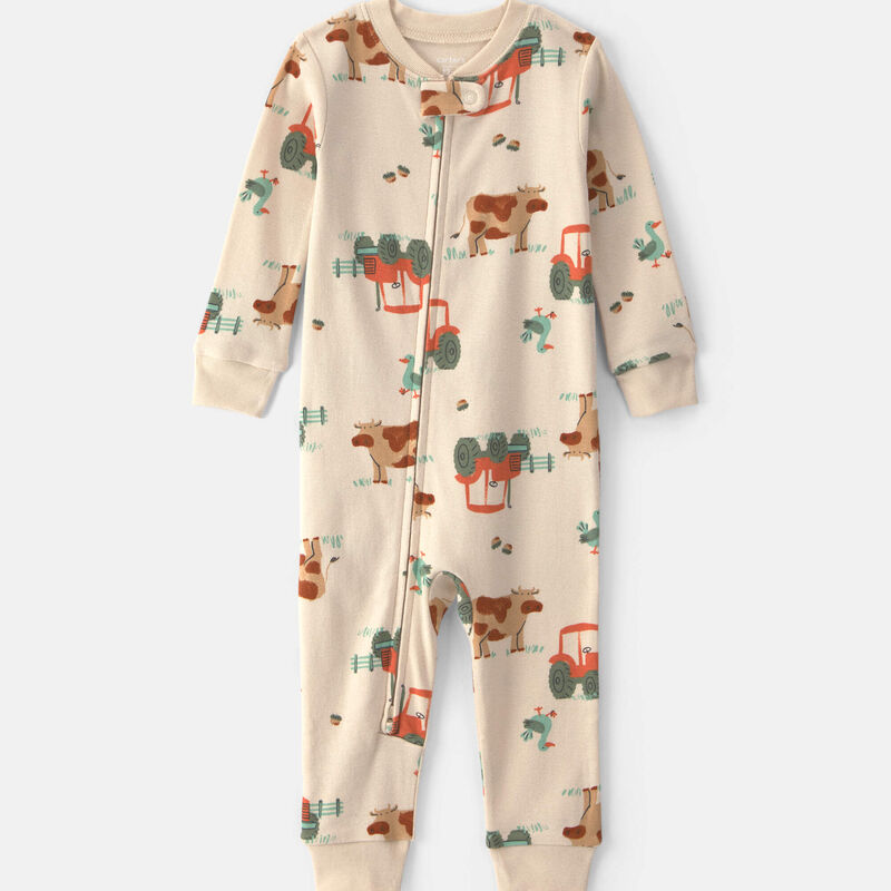 Toddler Boy 1-Piece Farm 100% Cotton Snug Fit Pajama - Beige