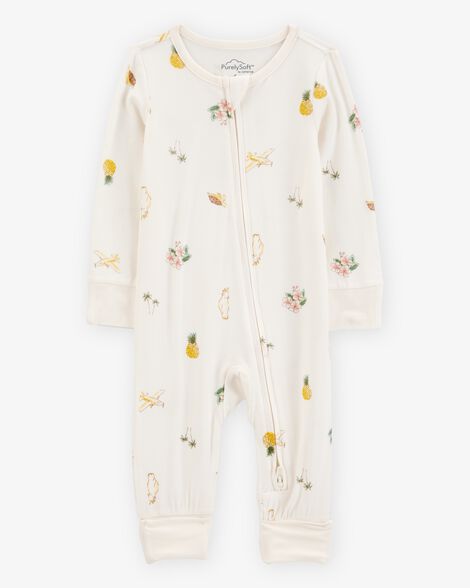 Product image 1 of Baby Tropical Print 2-Way Zip PurelySoft Convertible Foot Sleep & Play Pajamas - Ivory
