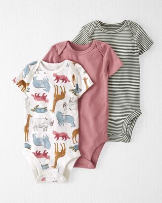 Product image 1 of Baby Organic Cotton Rib 3-Pack Animal & Striped Bodysuits