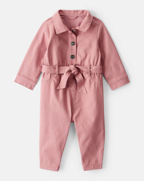 baby girl cotton long-sleeve jumpsuit - pink