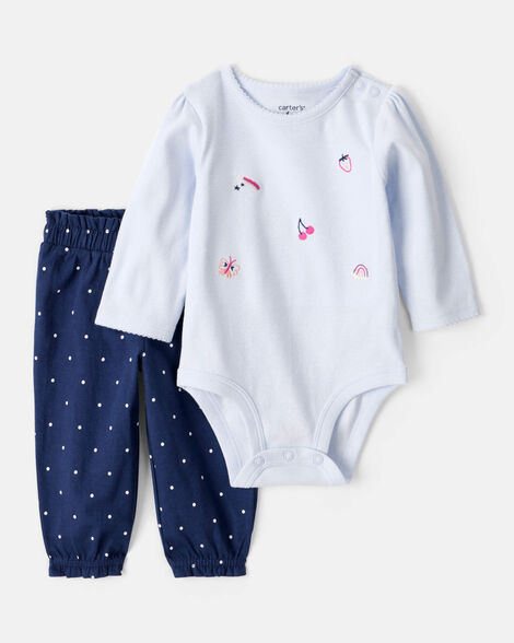 baby girl 2-piece fruit print cotton long-sleeve bodysuit & pant set - blue