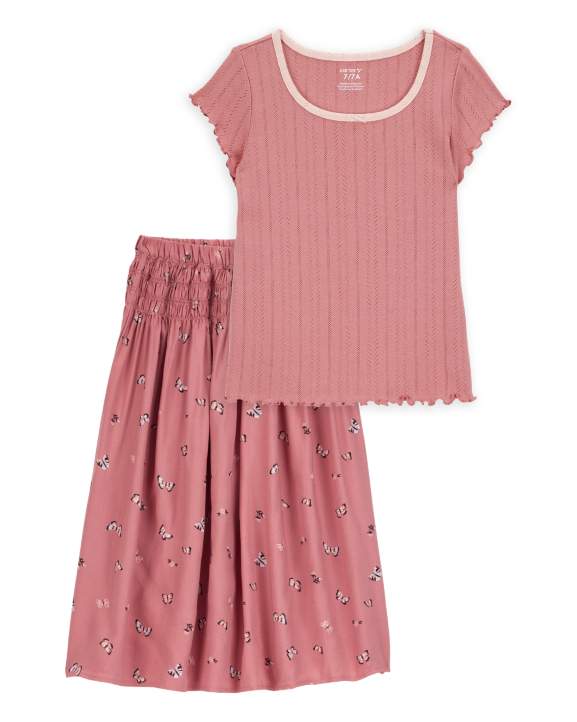 Kid 2-Piece Pointelle Tee & Butterfly Maxi Skirt Set - Pink
