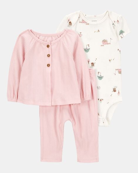 baby 3-piece barn print little cardigan set - pink/white