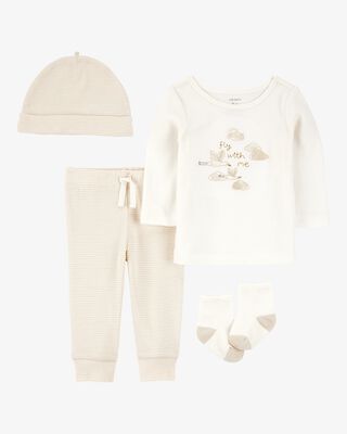Product image 1 of Baby 4-Piece Cloud Print Outfit Set - White/Tan
