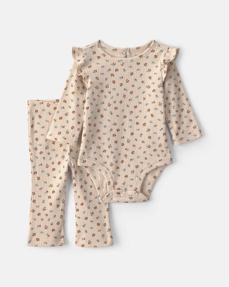 baby girl 2-piece floral long-sleeve bodysuit & pant set - cream