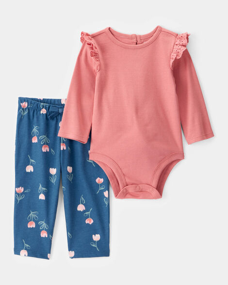 baby 2-piece long-sleeve floral long-sleeve bodysuit pant set - pink/blue