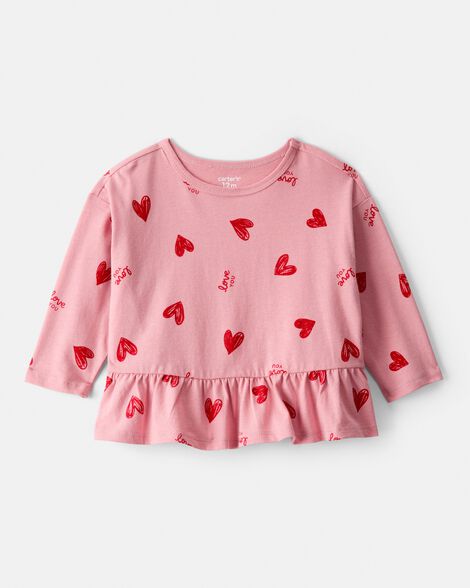 baby girl heart long-sleeve peplum top - pink