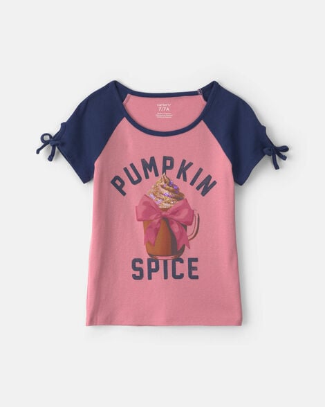 girls 'pumpkin spice' graphic tee - pink/blue