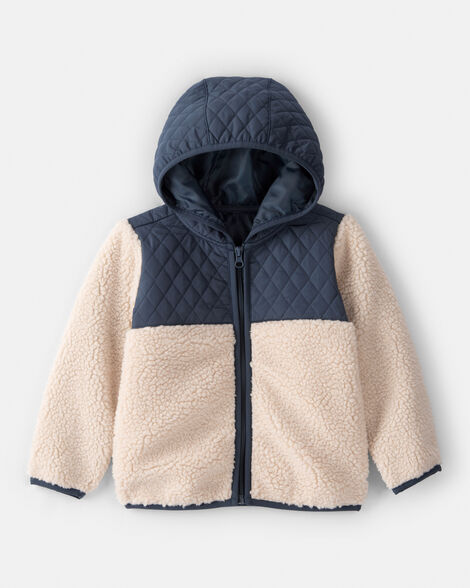 toddler boy color block hooded zip-up jacket - khaki/navy