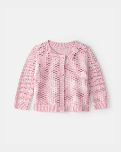 Baby Girl Bow Pointelle Button-Up Cardigan Sweater - Pink