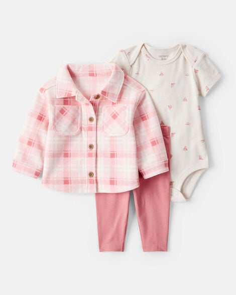 baby girl 3-piece plaid print fleece jacket, bodysuit & pant set - pink