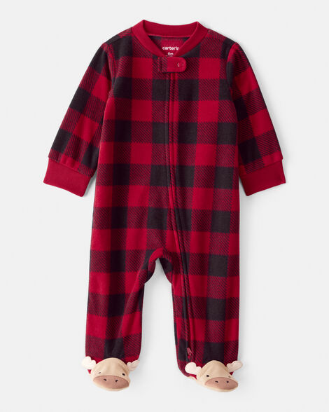 baby plaid print reindeer christmas loose fit long-sleeve sleep & play pajamas - red