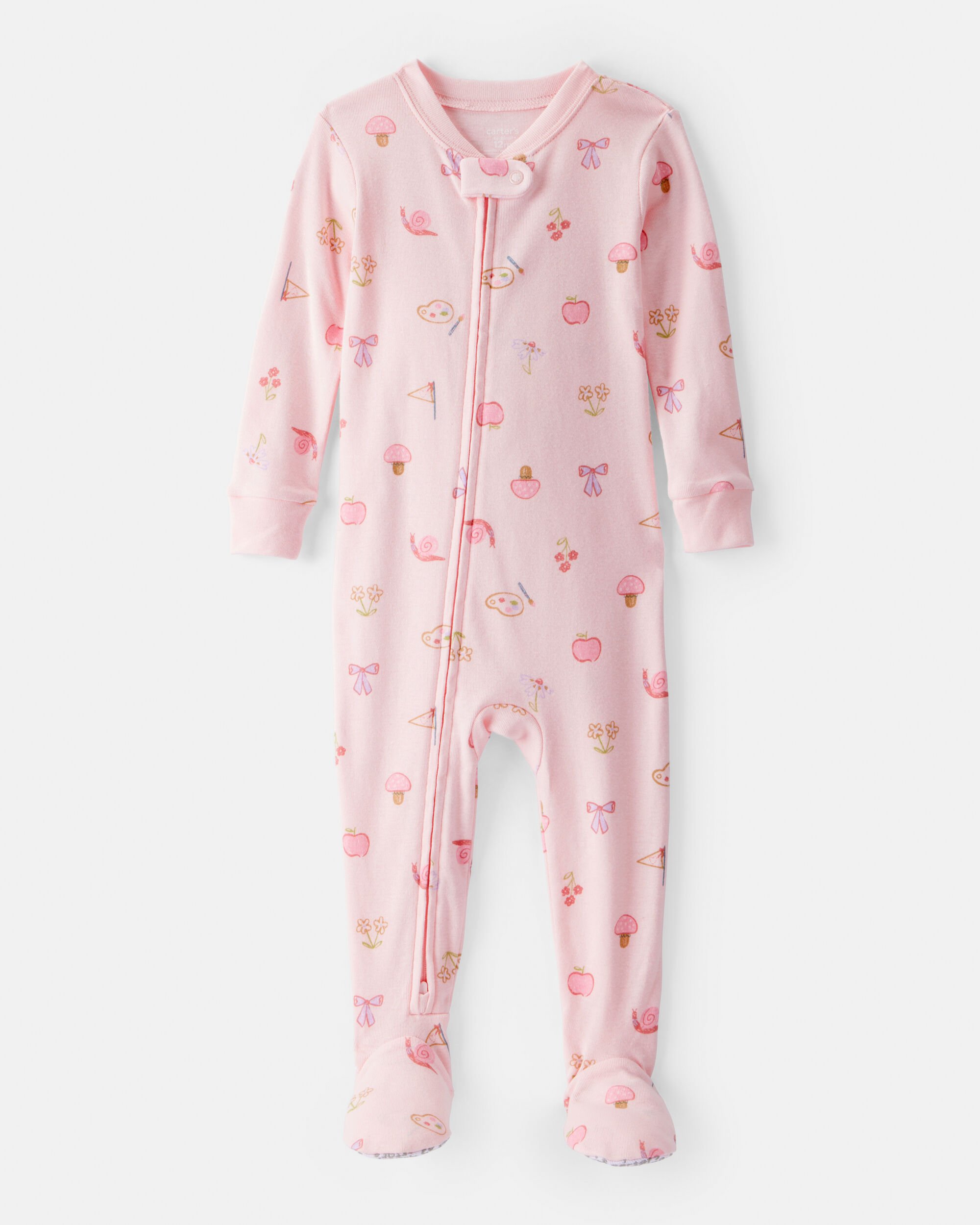 Baby Girl Paint Floral 100% Cotton Long-Sleeve 2-Way Zip 1-Piece Pajamas - Pink