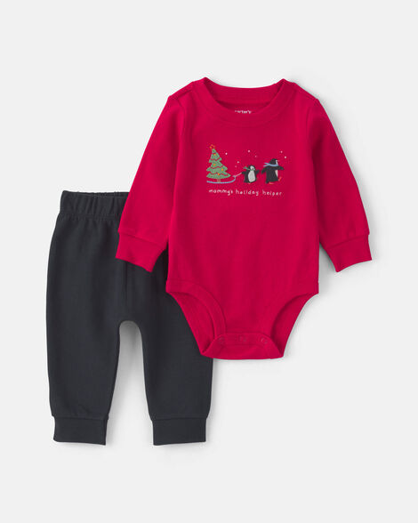 baby boy 2-piece 'mommy's holiday helper' long-sleeve bodysuit & pant set - red/black