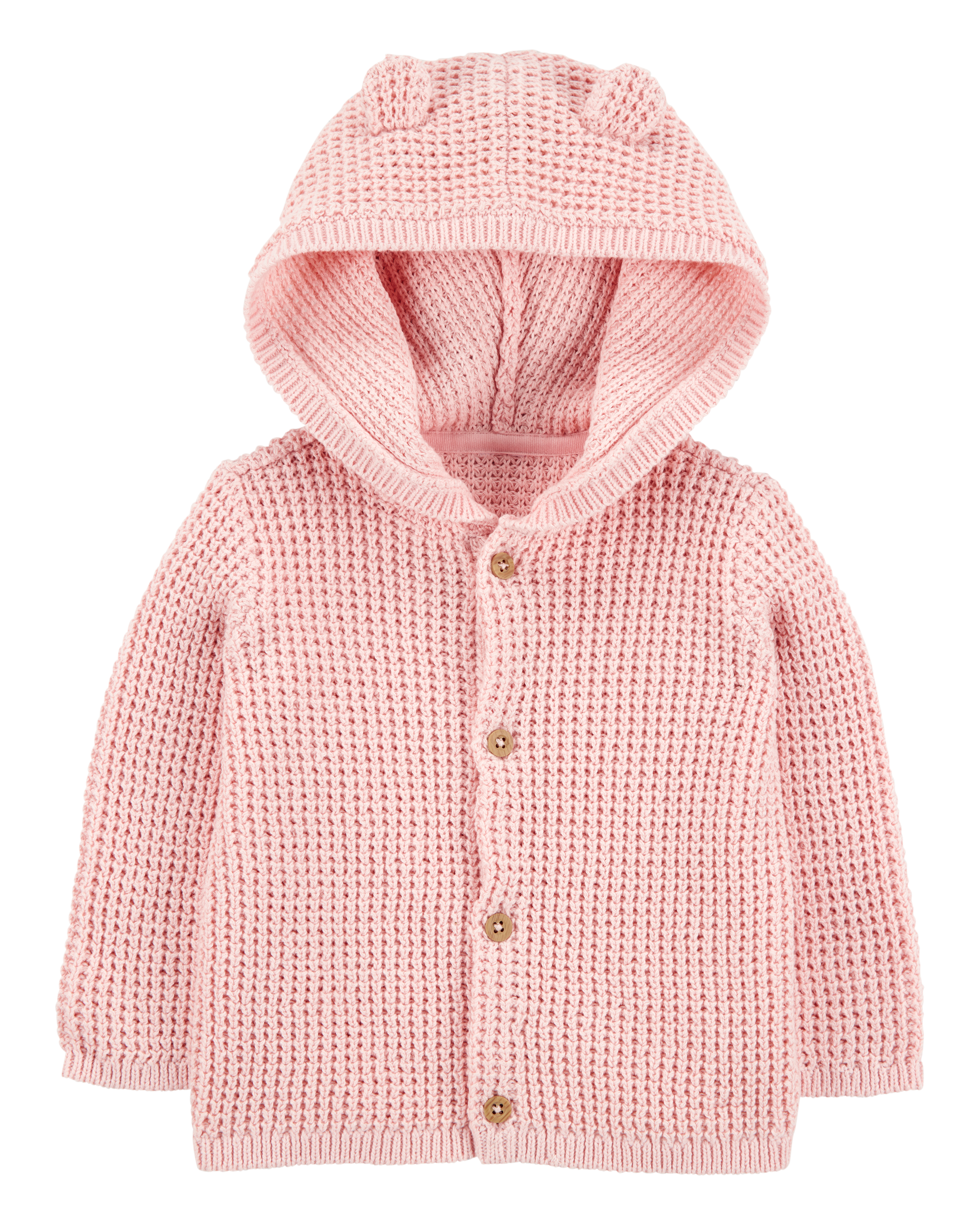 Baby Hooded Waffle Knit Cardigan - Pink
