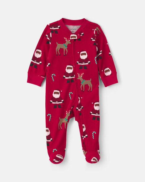 baby brown santa christmas 100% cotton 2-way zip sleep & play pajamas - red
