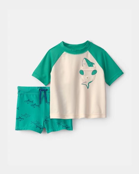baby boy 2-piece shark rashguard swimsuit set - green/cream