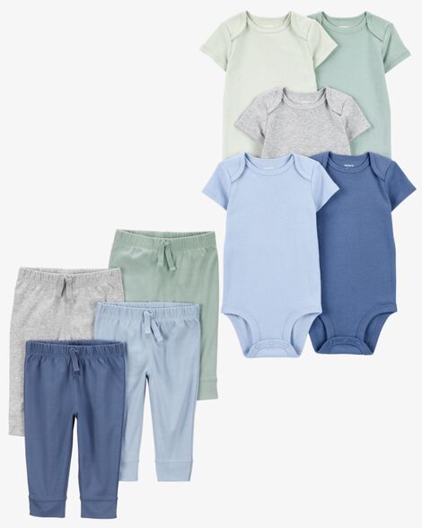 Product image 1 of Baby 9-Piece Solid Short-Sleeve Bodysuits & Pull-On Pants Set