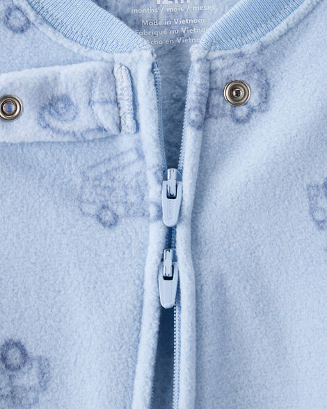 Product image 3 of Toddler Boy Firetruck Print Loose Fit Long-Sleeve 2-Way Zip 1-Piece Pajamas - Blue