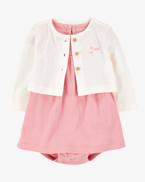 baby 2-piece bodysuit dress & cardigan set - pink/ivory