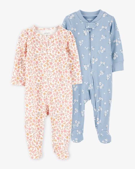Product image 1 of Baby 2-Pack Floral 2-Way Zip Sleep & Play Pajamas - Pink/Blue