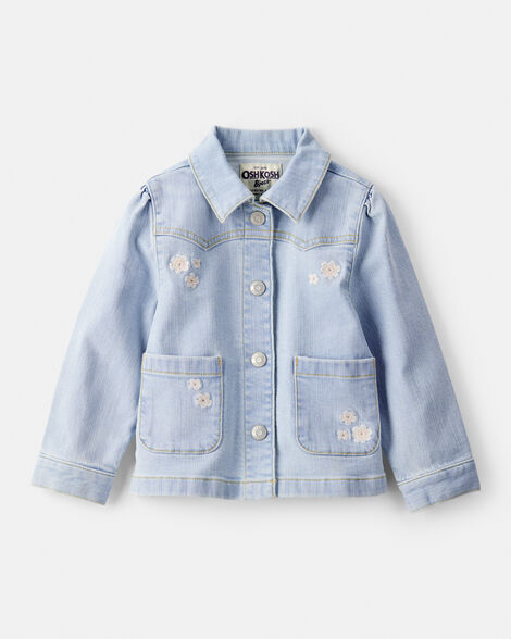 Toddler Girl Flower Embroidered Denim Jacket - Light Wash