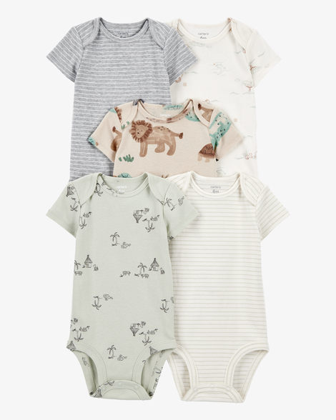 baby boy 5-pack safari short sleeve bodysuits - beige/cream/grey/green