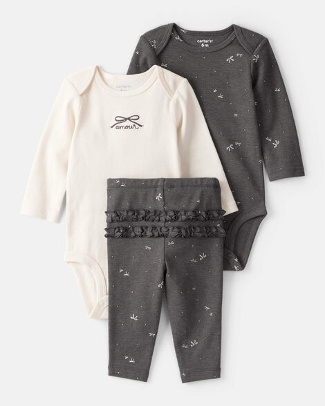 baby girl bow print bodysuit & pant set - grey
