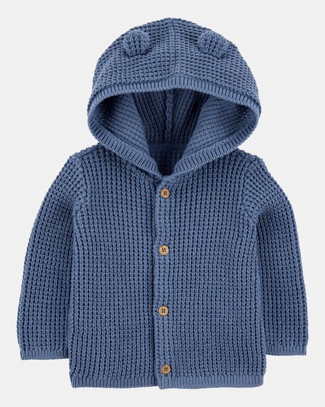 baby hooded waffle knit cardigan - navy blue