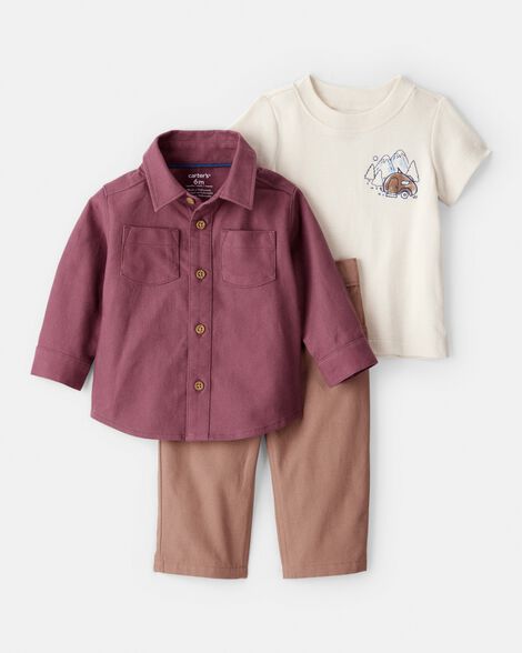 baby boy 3-piece button-down outfit set - maroon/brown
