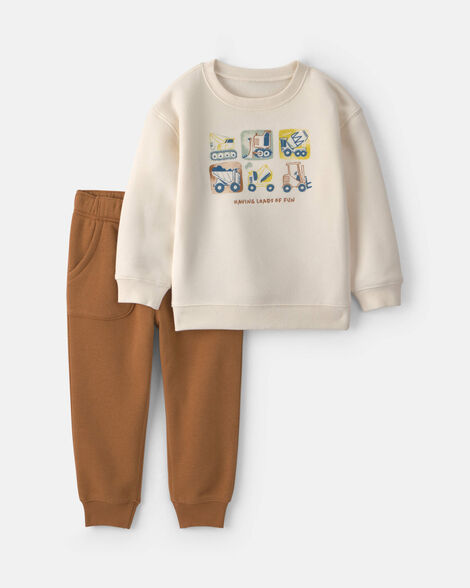 baby boy 2-piece construction fleece top & pant set - cream/brown