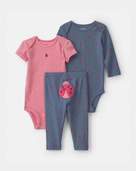 baby girl 3-piece ladybug bodysuit & pant set - navy blue/red