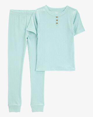 Product image 1 of Kid Solid Ribbed Cotton Blend 2-Piece Pajamas - Teal