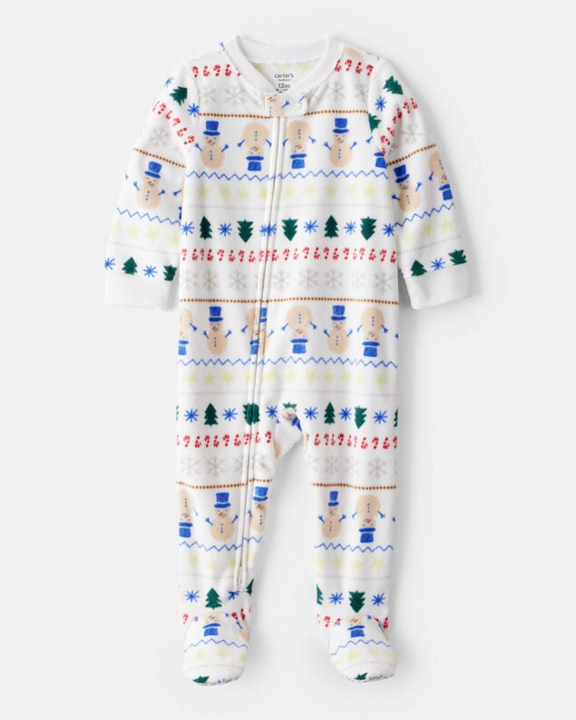 Product image 1 of Toddler Snowman Fair Isle Fleece Long-Sleeve Loose Fit 1-Piece Pajamas - White